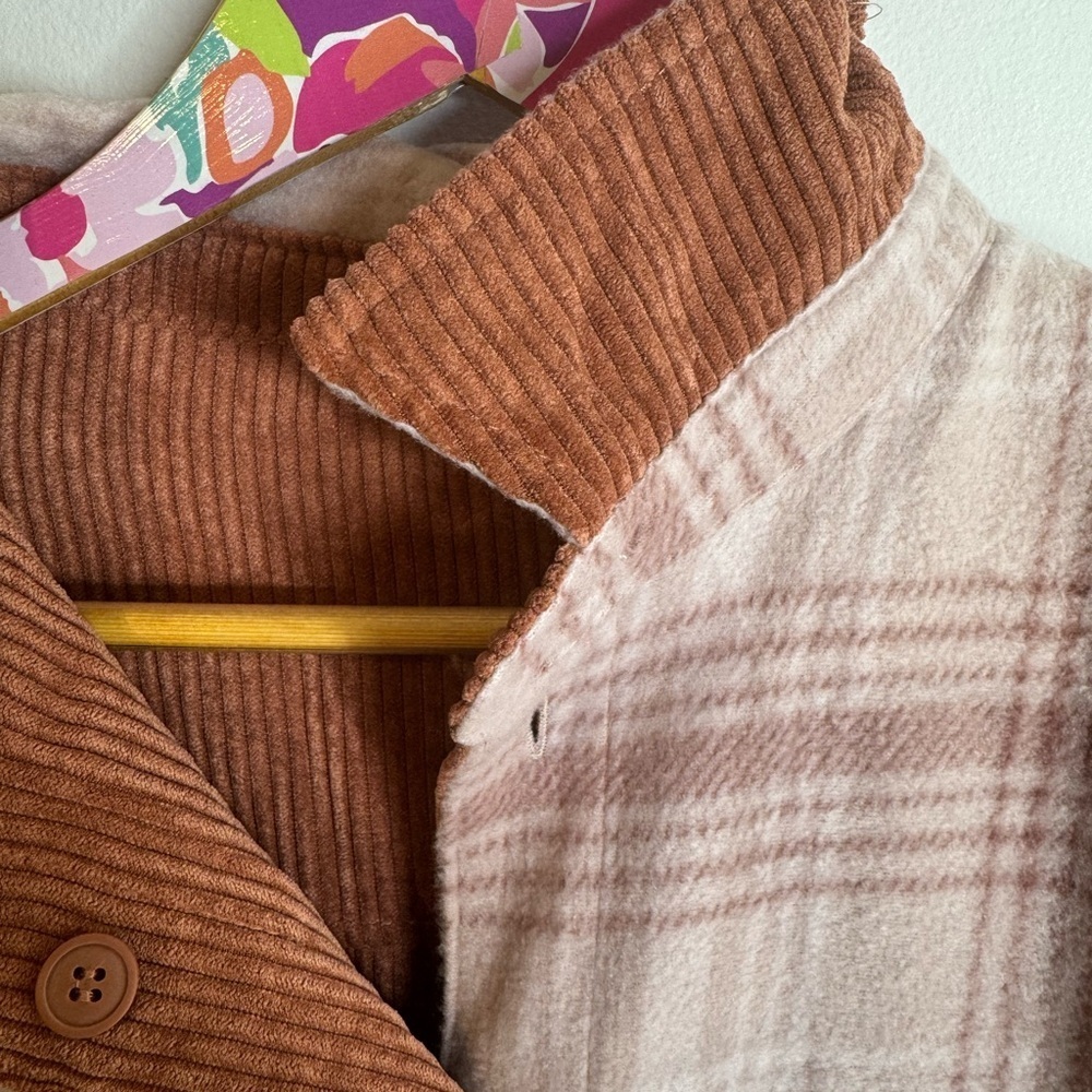 Love Tree | Reversible Corduroy Button-Up Jacket - Dark Orange, and Pink Plaid - Picture 9 of 14